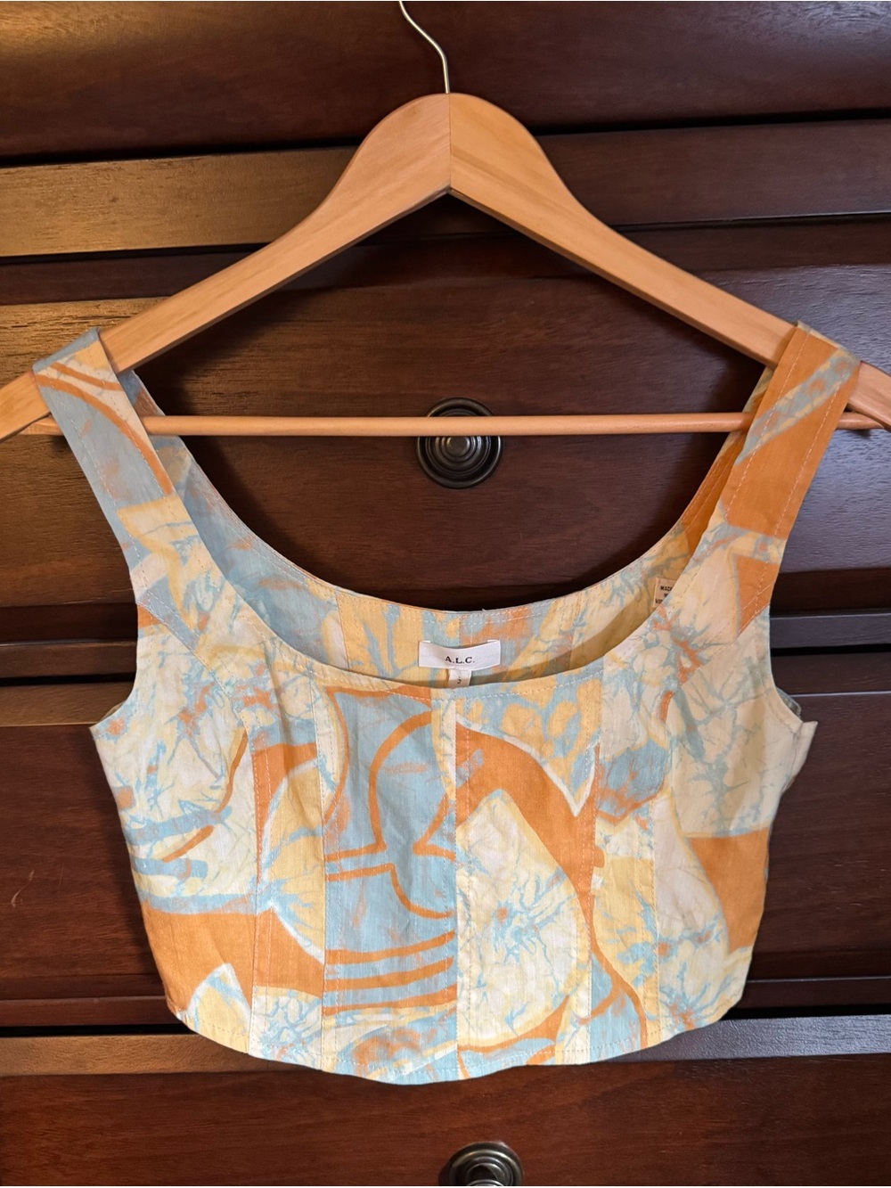 A.L.C. Scoop-Neck Cropped Tank in Light Blue & Rust